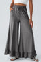 Pull On Elastic High Waist Drawstring Pocket Ruffle Hem Wide Leg Pants